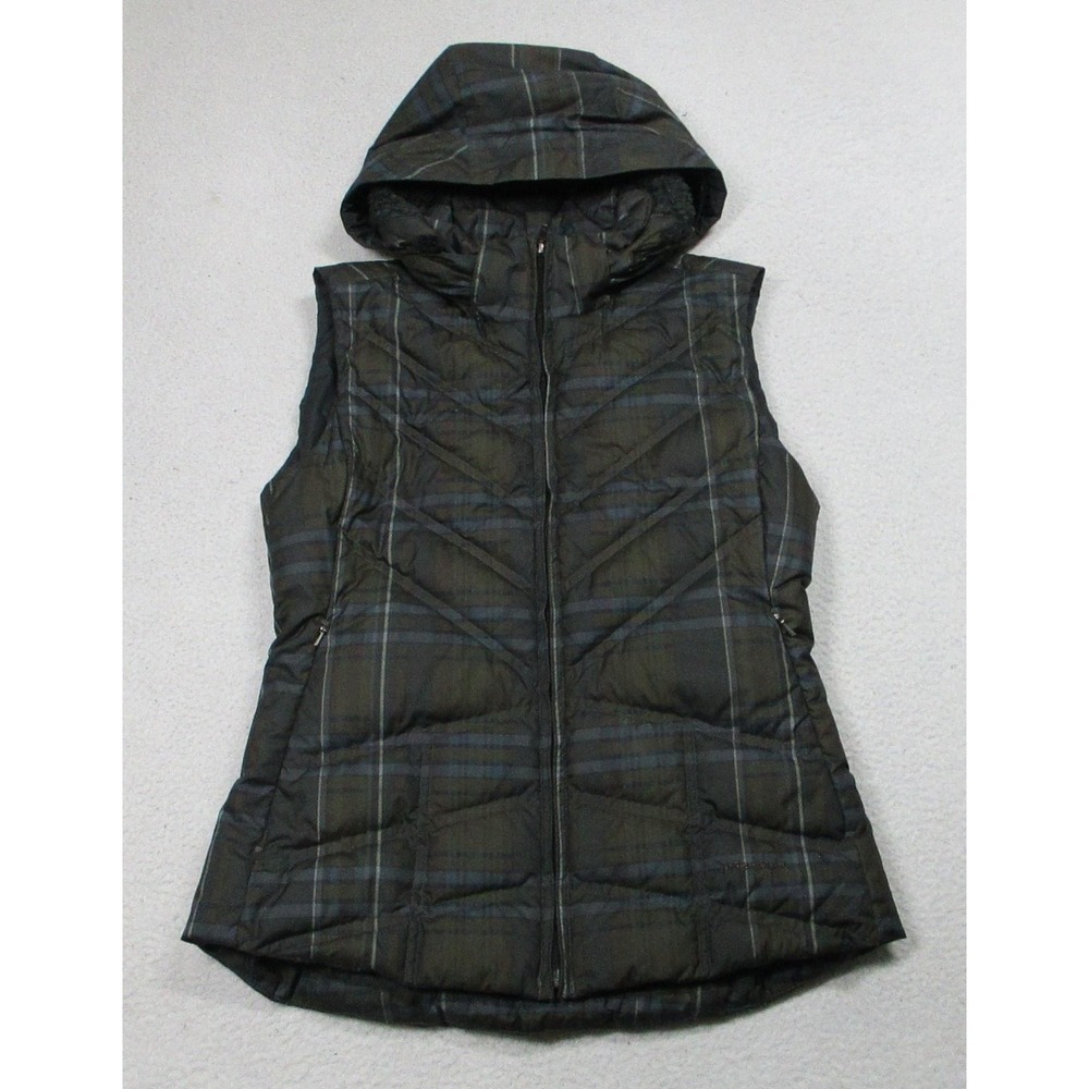 Patagonia Down With It Vest Womens Small Gray Plaid Quilted Hooded Down Puffer‎